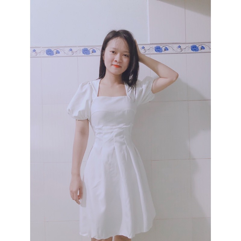 [ẢNH THẬT] đầm nữ dáng xòe cổ vuông tay phồng xếp ly eo (kèm mút ngực) | BigBuy360 - bigbuy360.vn