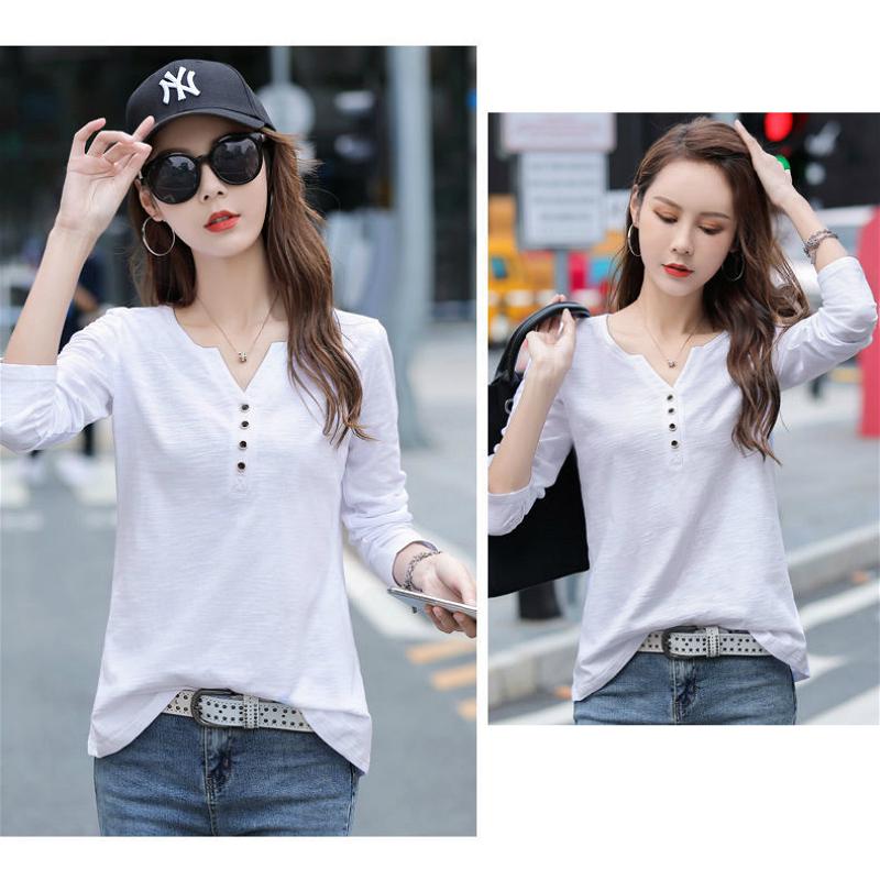 Áo thun tay dài cổ V màu trơn phối nút thời trang năng động cho nữ