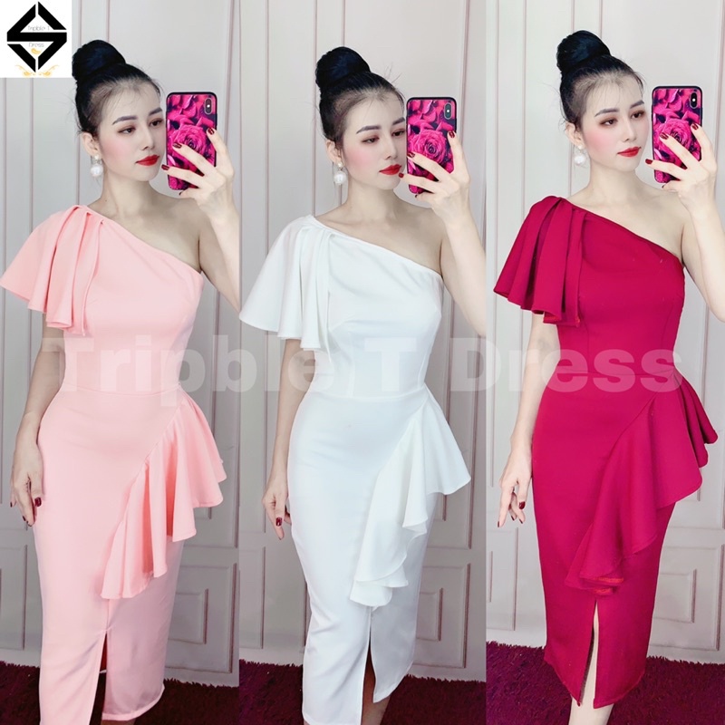 Đầm body lệch 1 vai nhún bèo chất poly TRIPBLE T DRESS