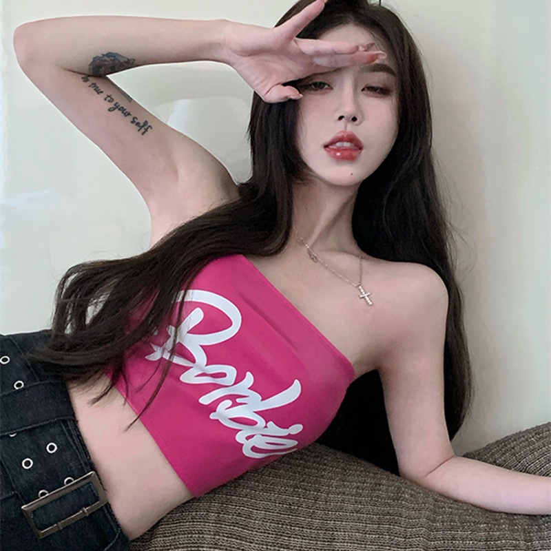 Áo Ống Chất Liệu Da pu In Chữ Cá Tính Thời Trang Cho Nữ