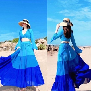 Set váy maxi đi biển chụp hình sống ảo phối màu