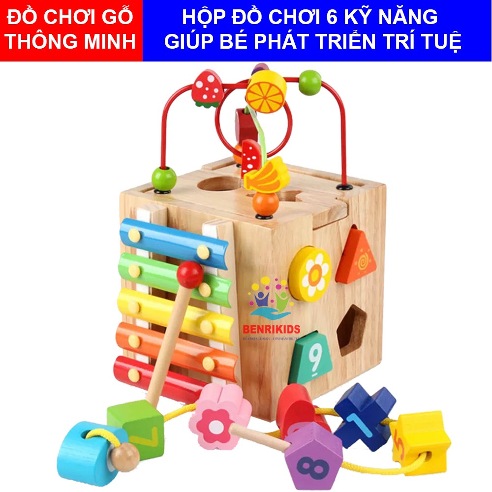 Đồ Chơi Gỗ Thông Minh,Hộp Thả Hình Kết Hợp Đàn Gõ Xylophone Và Luồn Hạt Xâu Dây Rèn Luyện 6 Kỹ Năng Cho Bé