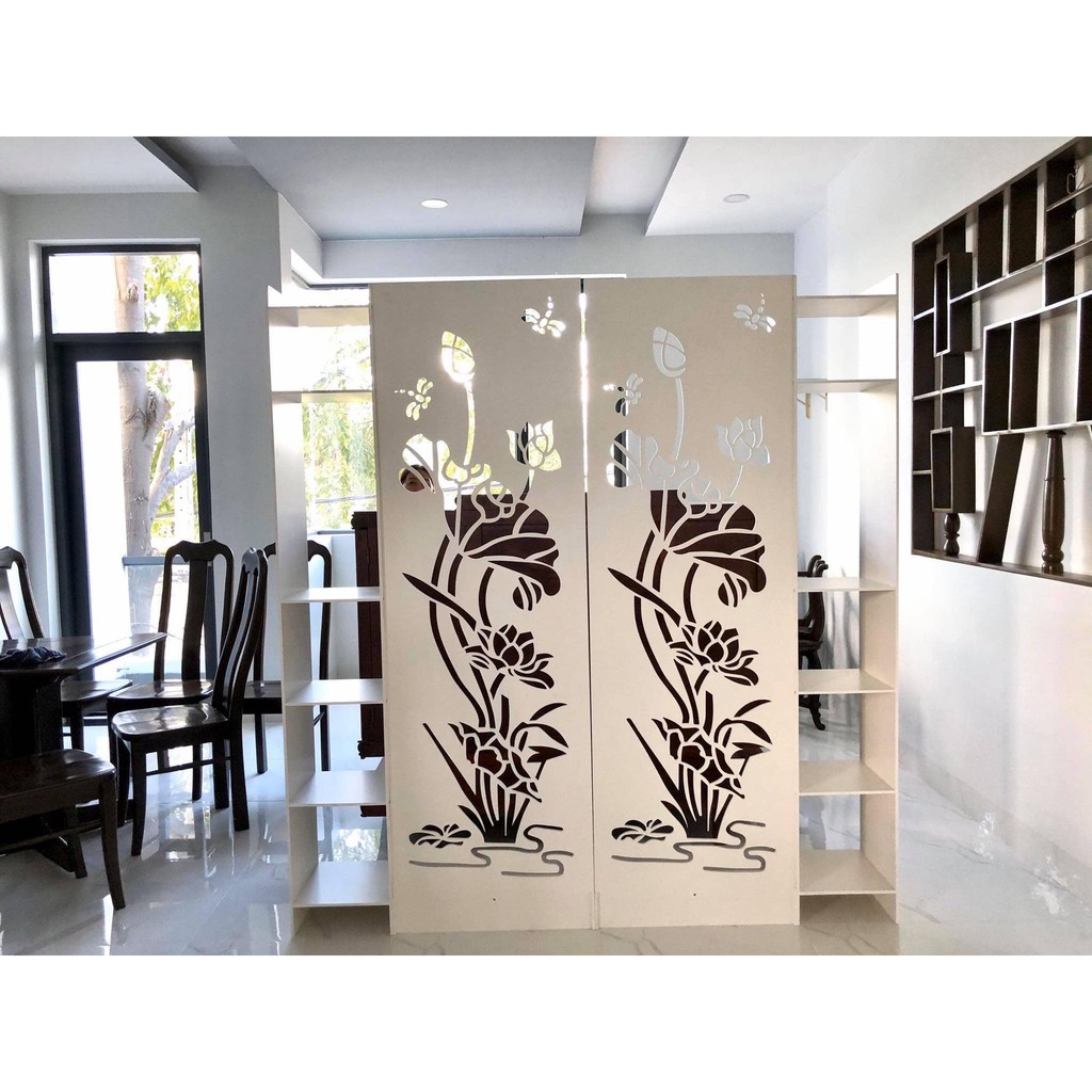 Vách ngăn chắn phòng khách/ngủ hoa sen liền kệ( 2vách- 2kệ) IG482
