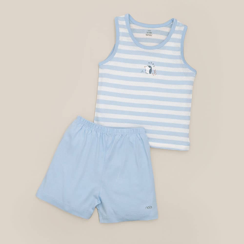 Bộ Quần Áo Ba Lỗ Nous Air Kẻ Xanh Trắng Hình Nhím - Quần Áo Bé Trai Size 9 - 12M