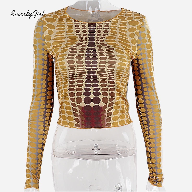 Áo croptop tay dài cổ tròn dáng ôm in họa tiết hình học thời trang cho nữ