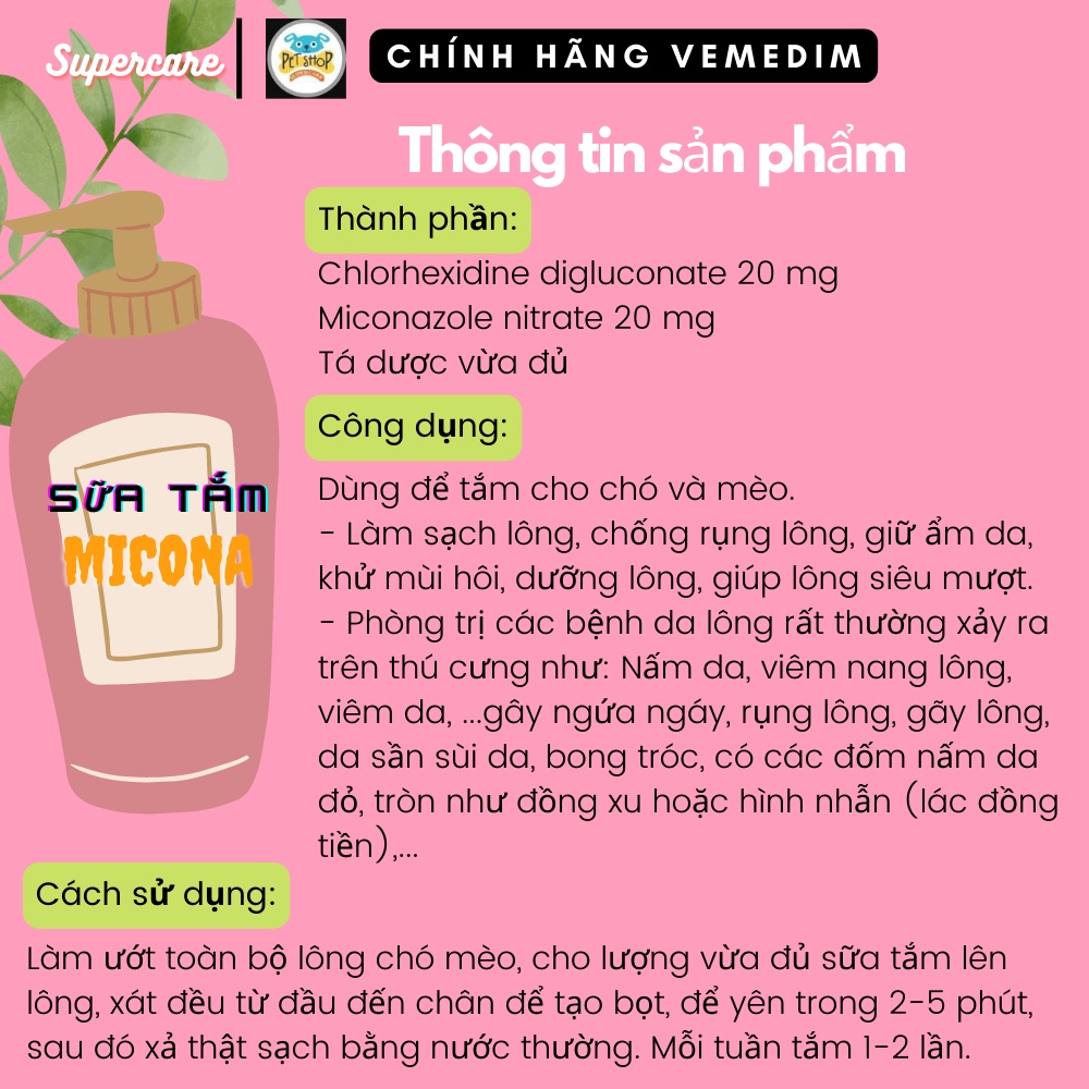 Sữa Tắm Chó Mèo Micona 200ml Nấm Da, Viêmm Nang Lông, Viêmm Da