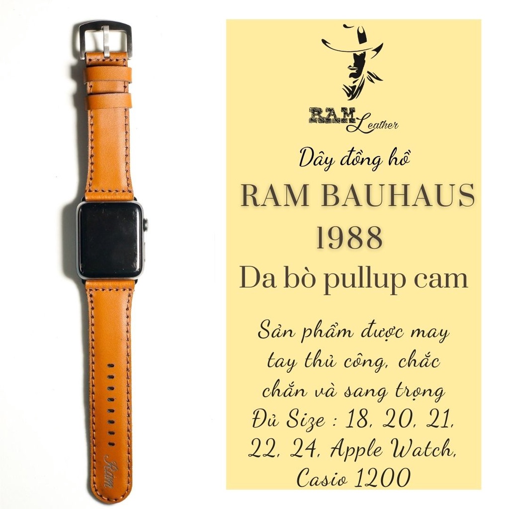 Dây Apple Watch , iWatch , iphone Watch da bò thật màu cam - RAM Leather Bauhaus 1988