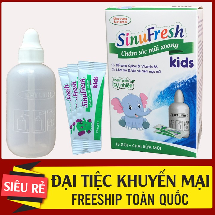 [FREE SHIP COMBO] Muối Rửa Mũi Xoang Cát Linh Mới SinuFresh Kids (Muối Rửa Mũi Xoang Trẻ Em) Hộp 15 Gói + 1 Chai 180 mL