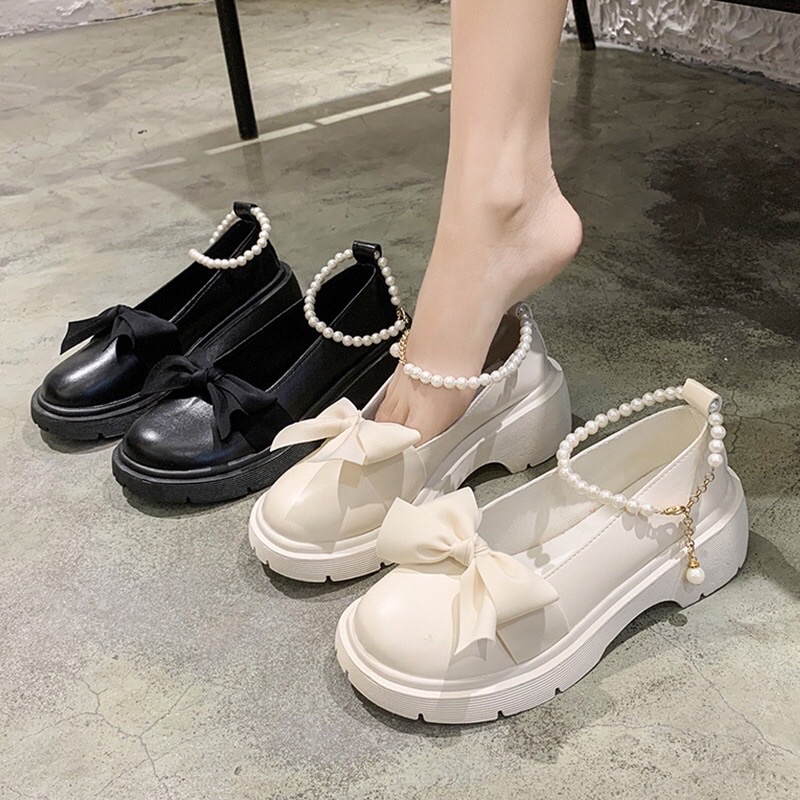 Giày Lolita Nữ Quai Ngọc BUỘC NƠ Cao Cấp (đặt lùi 1 sz)- Giày búp bê nữ đế độn 4 phân 2 màu siêu hót