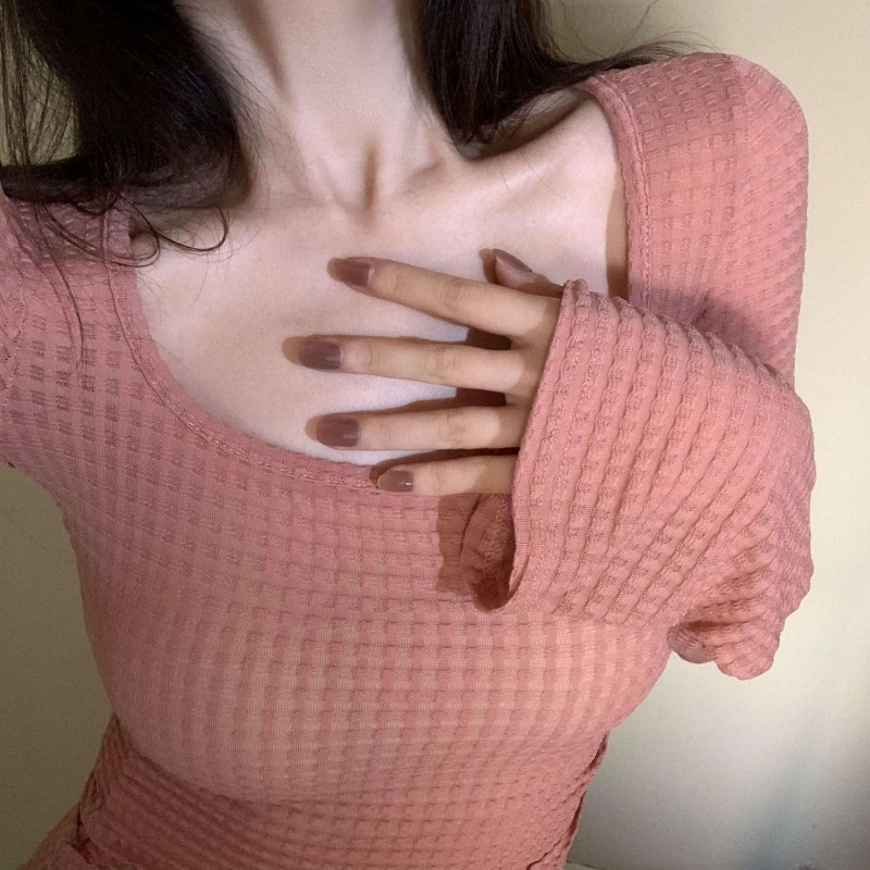 Áo thun COZOKC tay dài cổ vuông ôm eo thời trang dành cho nữ