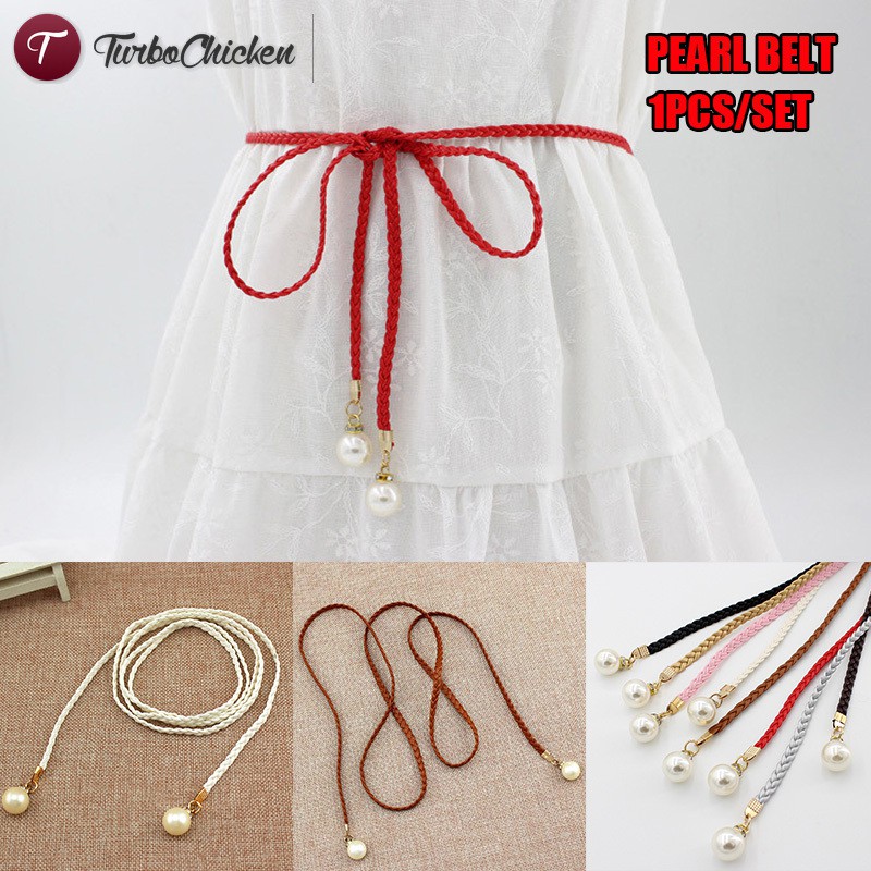 ☞Đồ trang sức☜ Women Fashion Knotted Waist Chain Dress Woven Waist Rope Female Decorative Pearl Belt