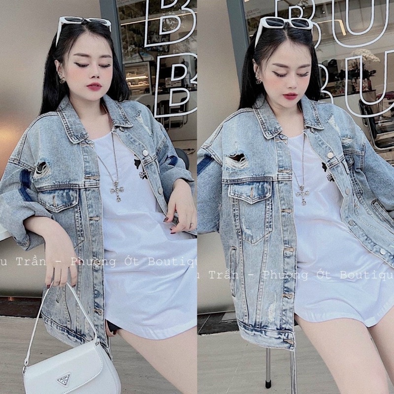 Áo Khoác Bò Jeans Trơn Rách Dáng Rộng Cá Tính