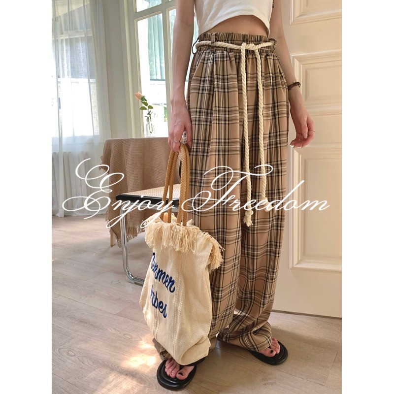 Enjoy Freedom Quần Dài Lưng Cao Ống Rộng Họa Tiết Kẻ Sọc Thời Trang Thu Đông Hàn Quốc 2022 Mới