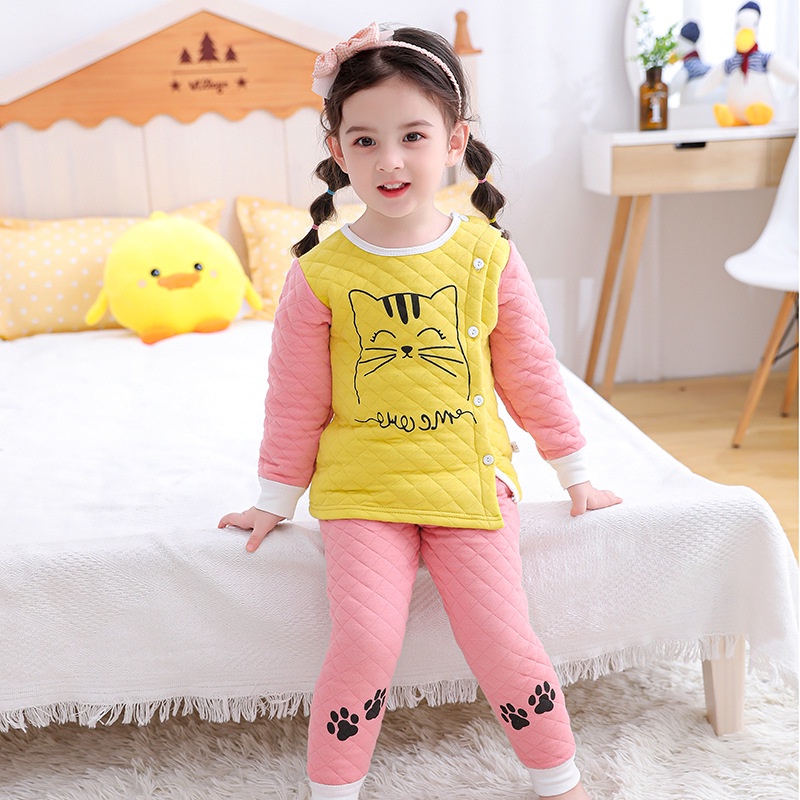 Bộ đồ ngủ tay dài cotton giữ ấm phong cách Hàn Quốc thời trang thu đông dành cho bé 70-110cm