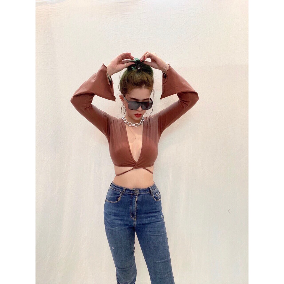 Áo Croptop Tay Dài Xẻ Ngực Cột Chéo Eo - 3459