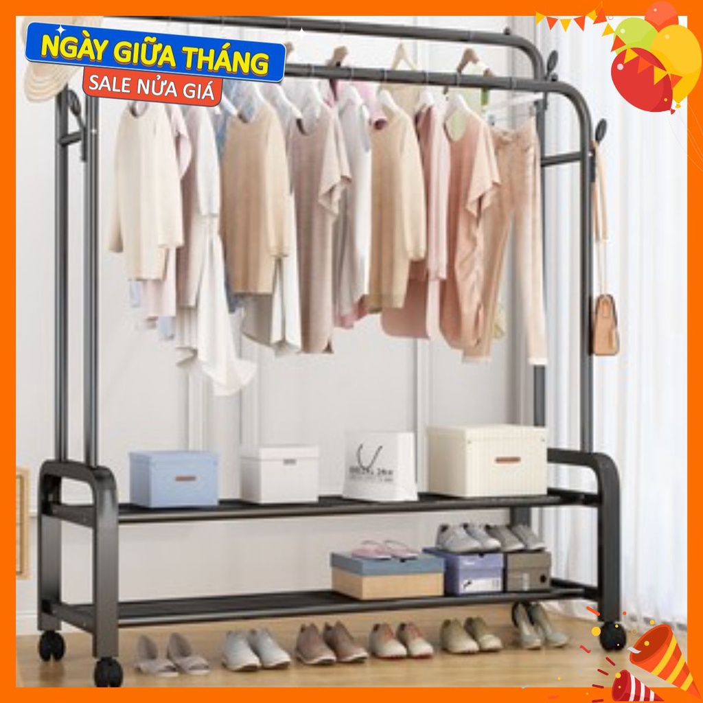 < Siêu rẻ > Giá Treo Quần Áo inox Kệ Treo Đồ 2 Khung 2 Tầng Có Bánh Xe Chất Liệu Sơn Tĩnh Điện Chiều Dài 110cm Giá Rẻ