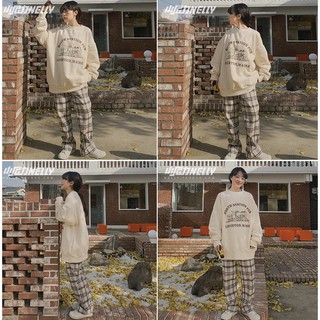 Set bộ nỉ nam nữ/ set áo sweater nỉ north form rộng dài tay + quần cullotes kẻ ống rộng ulzzang