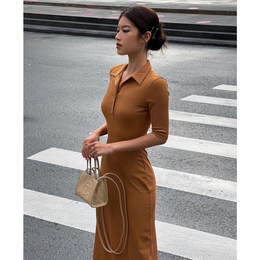 Đầm thun nâu tay lỡ ngắn ôm body tôn dáng cổ áo polo ulzzang