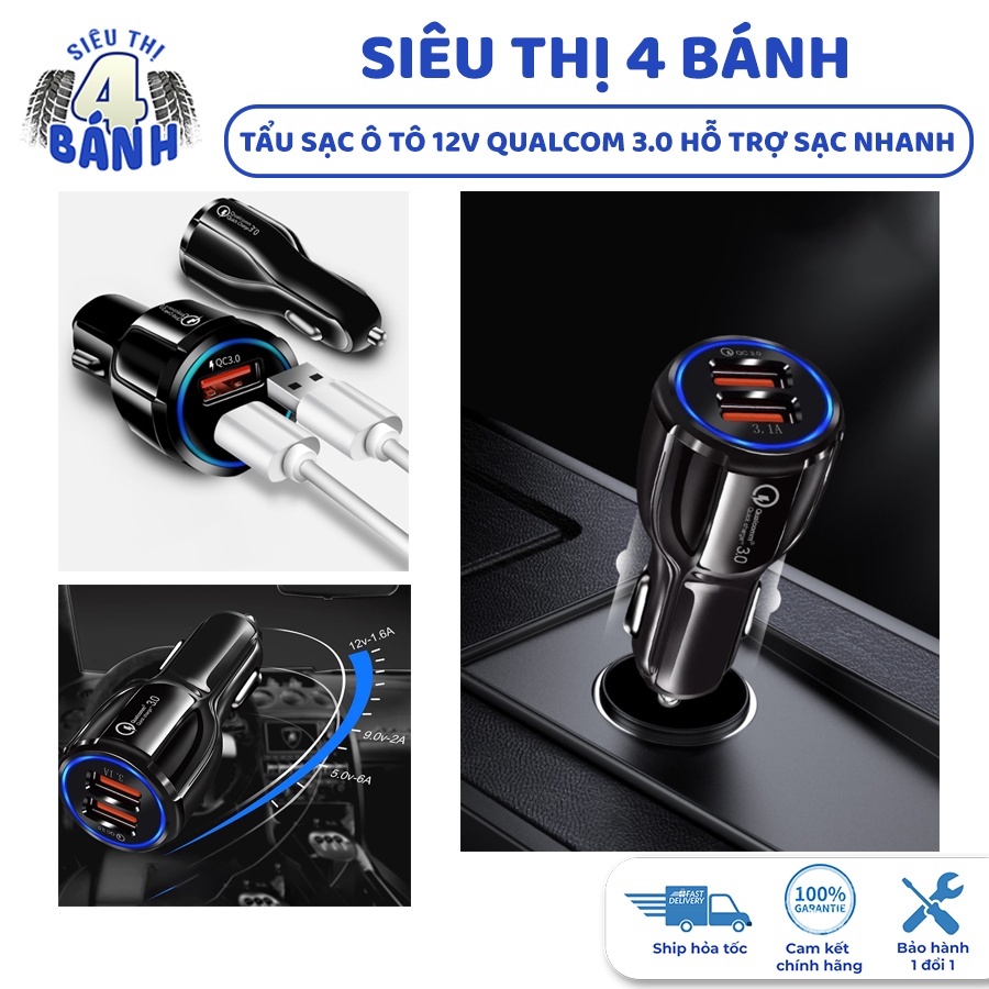 Tẩu Sạc Nhanh Ô Tô, Cốc Sạc Xe Hơi Qualcom 12V, Sạc Xe Ô Tô Siêu Nhanh An Toàn 2 Cổng USB 3.0 Đèn Led Cắm Tẩu