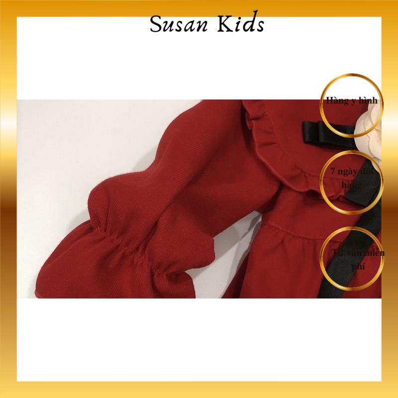 Đầm nhung tăm đỏ hoa lụa dài tay cho bé