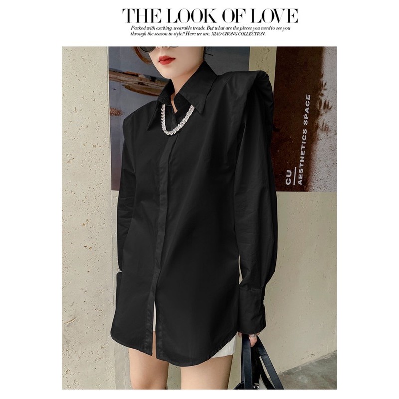 Áo sơ mi dáng dài độn cầu vai koreastyle