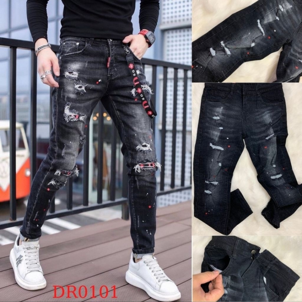 Quần Jean Nam Chất Bò DR0101RT Phối Rách Vẩy Mực Cá Tính Trẻ Trung DRMT | BigBuy360 - bigbuy360.vn