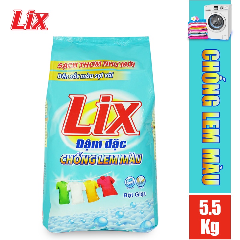 Bột giặt Lix chống lem màu 5,5KG EM558 làm sạch mọi vết bẩn cứng đầu giữ quần áo bền màu sợi vải sạch thơm như mới