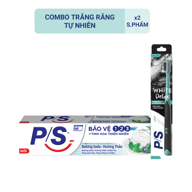 Combo 01 Kem đánh răng P/S Bảo vệ 123 Baking soda hương thảo 230g & bàn chải đánh răng Detox trắng răng