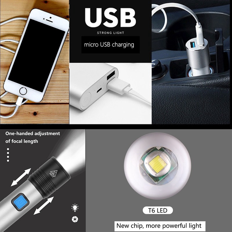 Đèn LED 3000LM T6 Đèn Pin USB Có Thể Sạc Lại Không Thấm Nước Có Thể Phóng To Pin Tích Hợp
