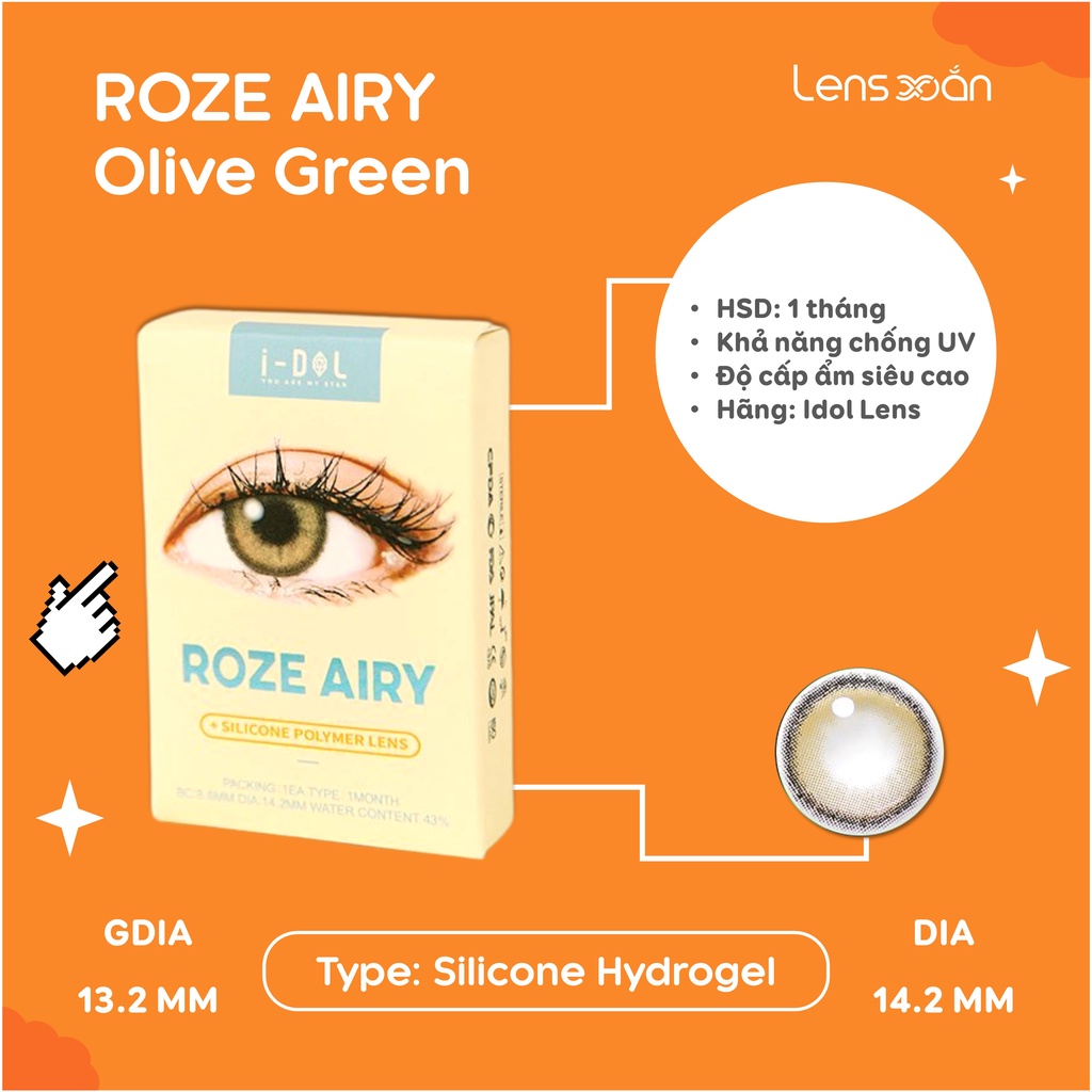 KÍNH ÁP TRÒNG ROZE AIRY OLIVE GREEN CỦA IDOL LENS : LENS SILICONE NÂU ÁNH XANH OLIVE CÓ ĐỘ CẬN LỆCH | LENS XOẮN