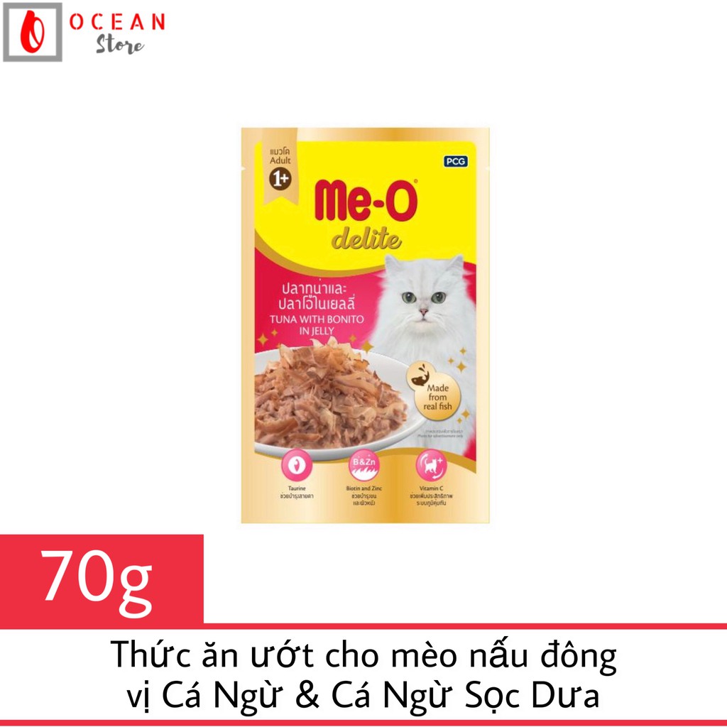 Thức ăn ướt Me-o delite hương vị cá ngừ và cá ngừ sọc dưa nấu đông - Gói 70g