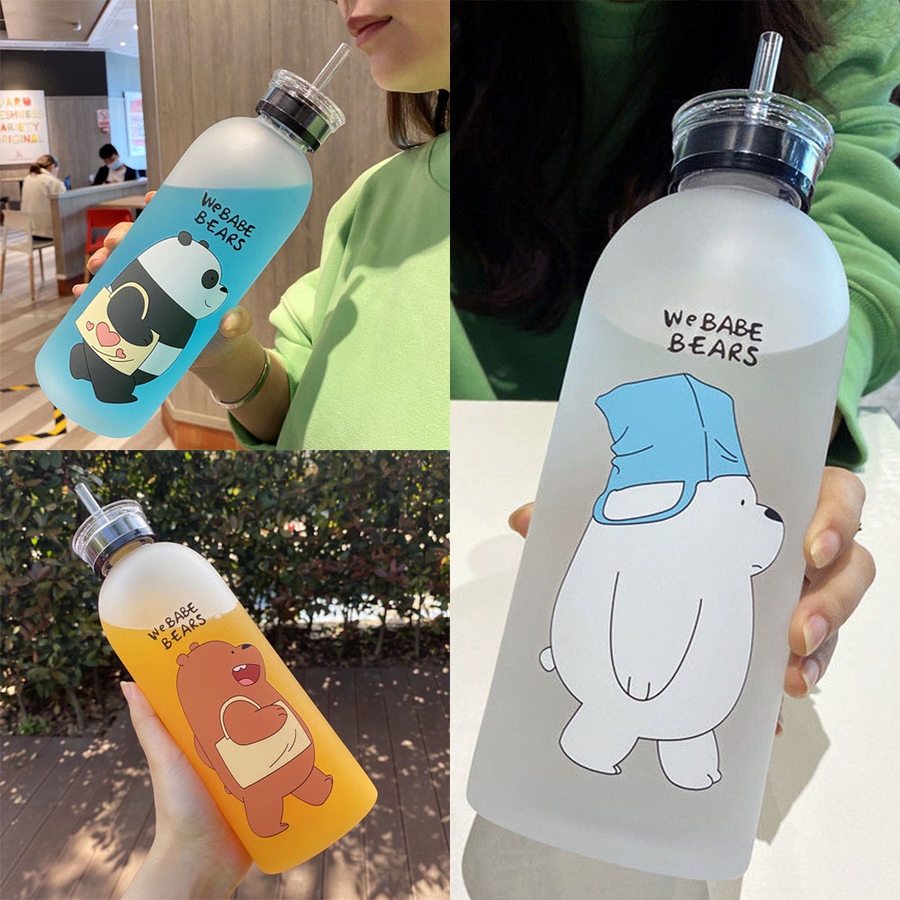 Bình Nước Nhựa Dung Tích Lớn 1000Ml Có Ống Hút Thiết Kế Hình Gấu Dễ Thương Dành Cho Học Sinh