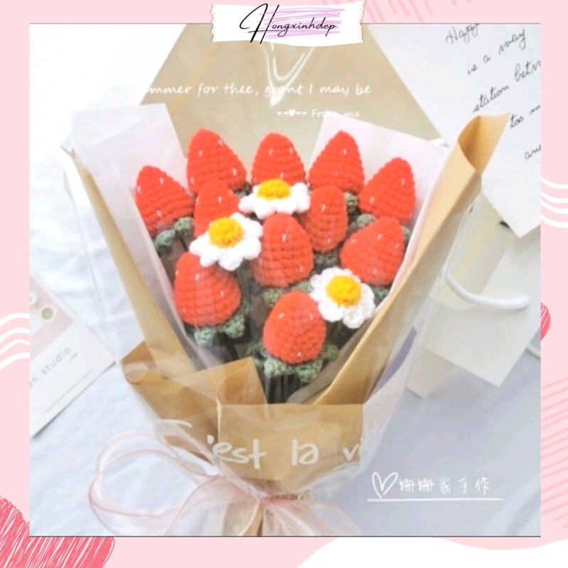 Hoa dâu tây bằng len, Bó hoa dâu tây len handmade tặng người yêu bạn bè