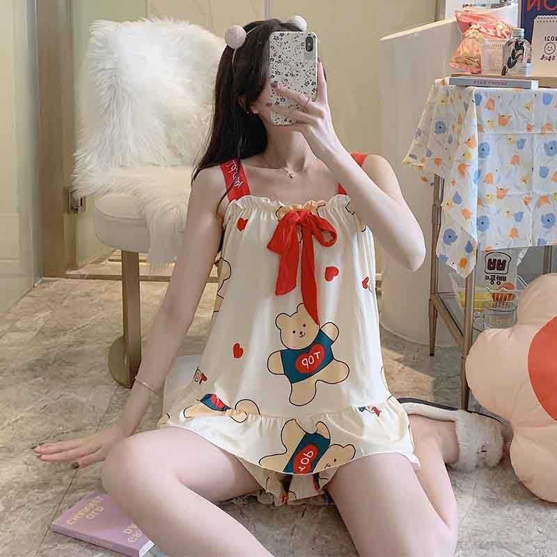 Herbe 'S Secret  Bộ Đồ Ngủ Hai Mảnh Áo Hai Dây Cotton Lụa Mỏng Có Hương Thơm Nhỏ Thời Trang Mùa Hè Dành Cho Bạn Nữ Mặc