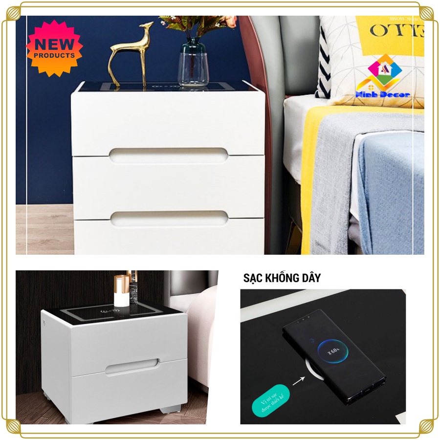 {CAO CẤP} Tủ Đầu Giường, Tab Đầu Giường Thông Minh Hiện Đại, Có Đèn Led Và Sạc Điện Thoại Không Dây (Có Video + Ảnh Thật