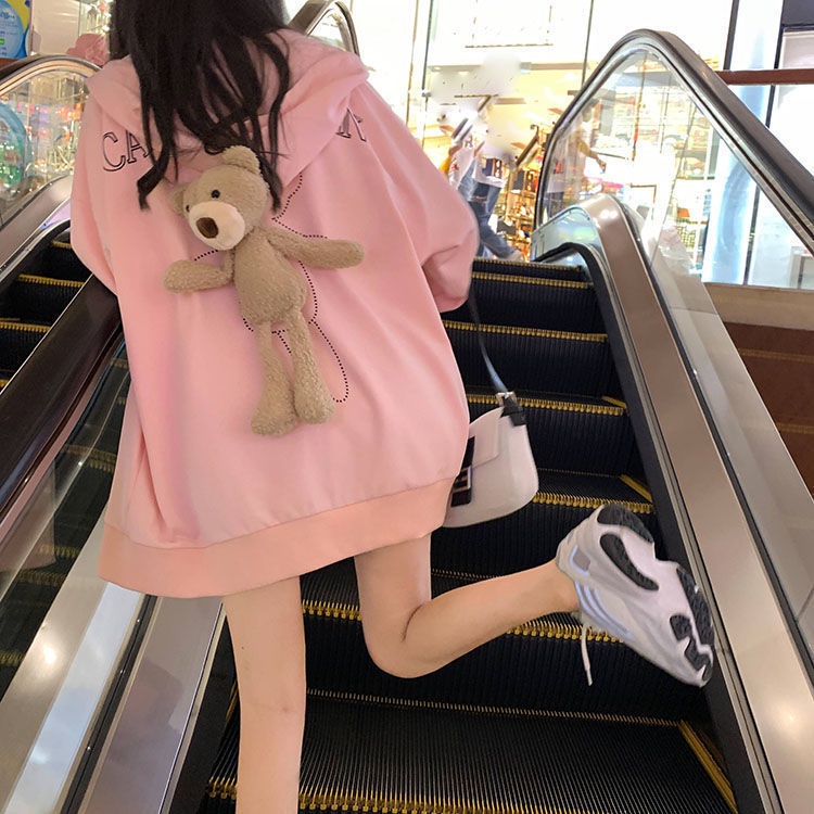 Áo Nỉ Tay Dài Dáng Rộng In Hình Gấu Dễ Thương Phong Cách Preppy Hàn Quốc Thời Trang Xuân Thu Cho Nữ