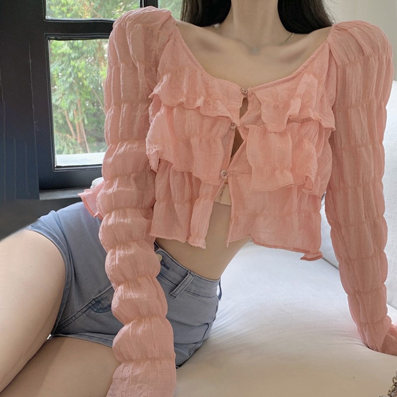 Áo Croptop Tay Dài Cổ Tròn Thời Trang Phong Cách Hàn Quốc Cho Nữ