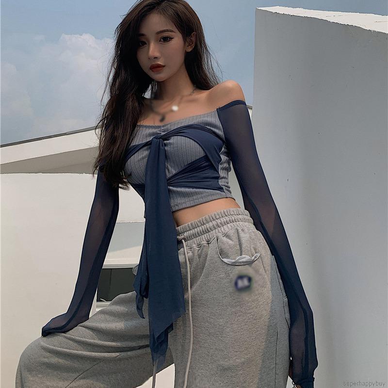 Áo Crop Top Tay Dài Dây Đan Chéo Trước Ngực