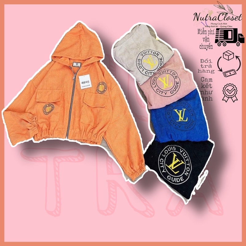 Áo khoác lửng croptop kaki nhung gân thêu có nón unisex ulzzang nam nữ