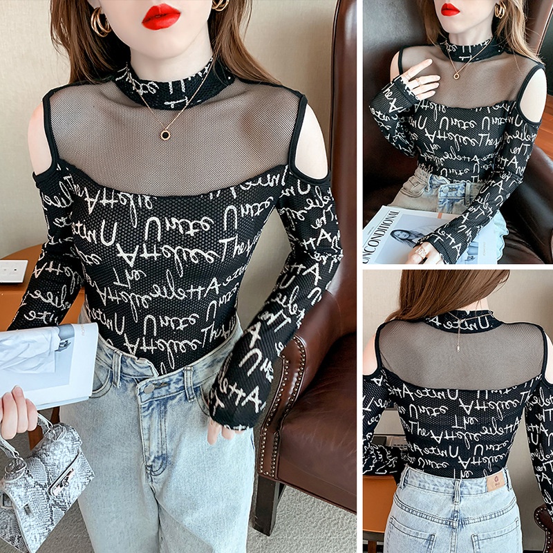 Áo Thun Tay Dài Phối Lưới Xuyên Thấu In Chữ Thời Trang Mới áo kiểu trễ vai áo lưới dài tay
