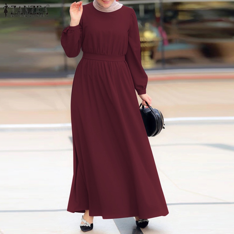 Zanzea Đầm Chữ A Cột Dây Cổ Tròn Màu Trơn Thanh Lịch Đơn Giản Dành Cho Phụ Nữ Hồi Giáo