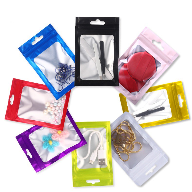 100pcs Màng Nhôm Mờ Túi Ziplock Tự Niêm Phong Mylar Lá Cửa Sổ Phía Trước Sau Lá Nhôm Màu Có Lỗ Treo Túi Điện Thoại Di Động Túi Mỹ Phẩm Matte Aluminium Foil Ziplock Bags Self Sealing Mylar Foil Front Window Aluminium Foil with Hang Hole Cosmetics Bag