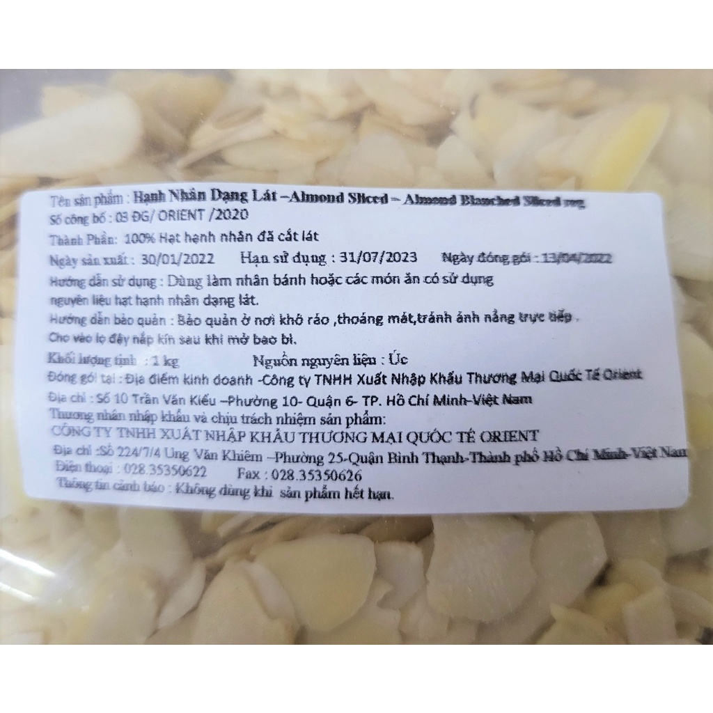 [GÓI 1 KG] HẠNH NHÂN CẮT LÁT [Australia] ORIENT Almond Slices (ori-hk)