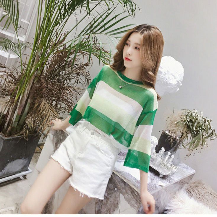 Áo Thun Nữ Dài Tay Cổ Tròn Sọc Ngang Thời Trang Hàn