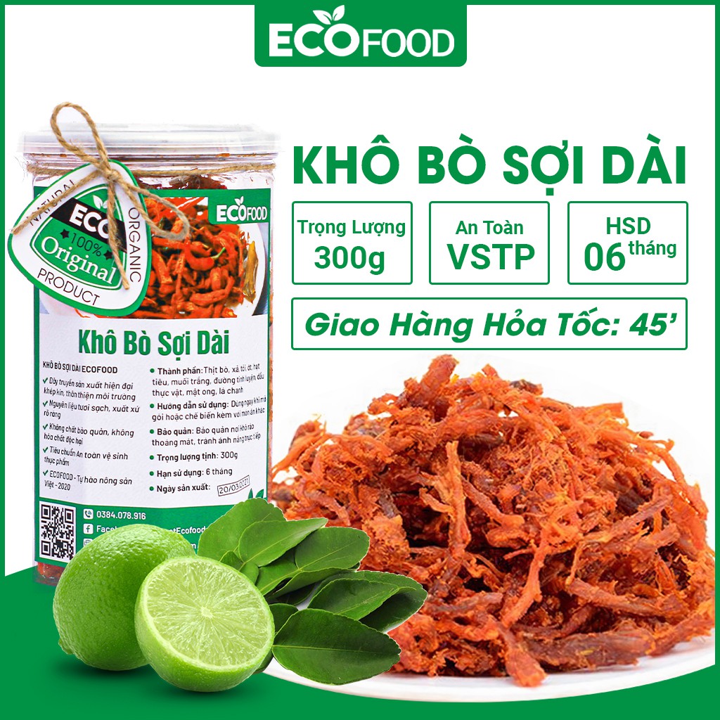 Khô Bò Xé Sợi Dài Lá Chanh 300G Ecofood Mềm Thơm Đâm Vị, Đồ Ăn Vặt Việt Nam An Toàn Vệ Sinh Thực Phẩm