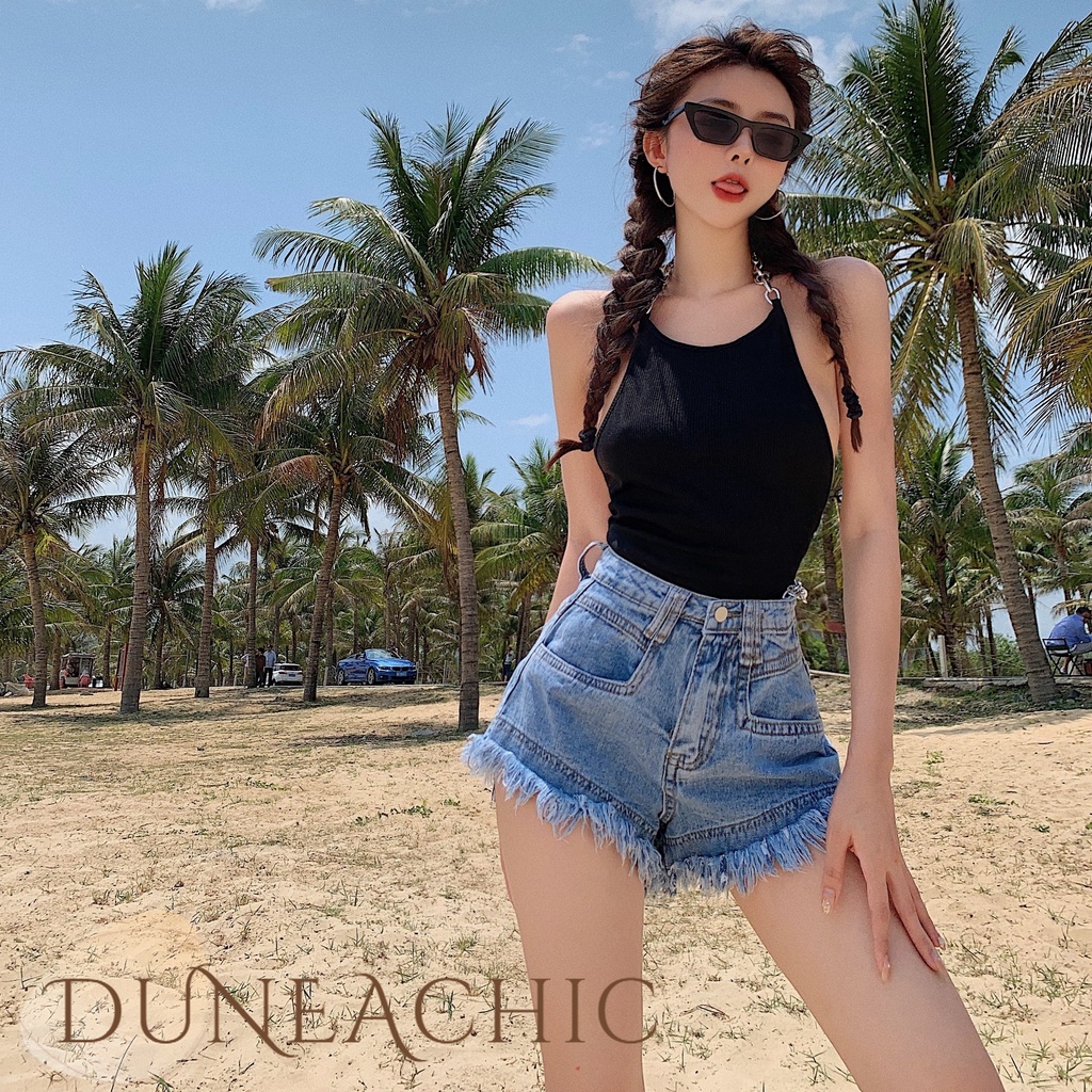 DUNEA Quần Short Denim Lưng Cao Ống Rộng Kiểu Dáng Quyến Rũ Cho Nữ