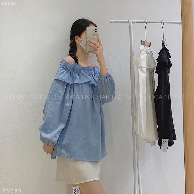 [S0020] Áo sơ mi trễ vai nhún bèo phong cách Hàn Quốc (Có sẵn/ảnh thật)
