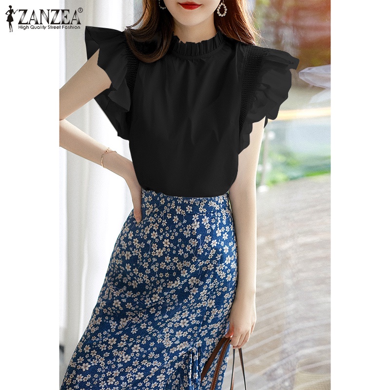 ZANZEA Áo Kiểu Cổ Tròn Tay Loe Cài Nút Sau Lưng Thời Trang Phong Cách Hàn Quốc Cho Nữ