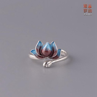 Miyan S925 Bông Tai Bạc Đốt Xanh Cloisonne Nhẫn Hoa Sen Retro Nữ Thời Trang Hoa Sen Mở Nhẫn Quà Tặng Ngày Của Mẹ