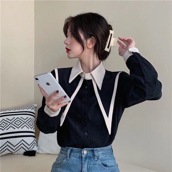 Áo Sơ Mi Tay Dài Dáng Rộng Họa Tiết Chấm Bi Phong Cách Vintage